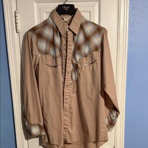 Larry Mahan Men's Western Plaid Shirt - Tan and Blue